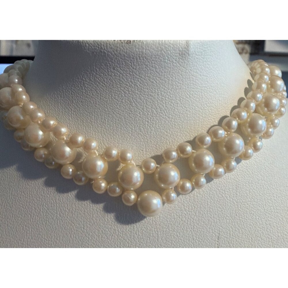 Vintage Faux Pearl Collar Necklace Gold Tone Hook Clasp 21" Estate 22.33g